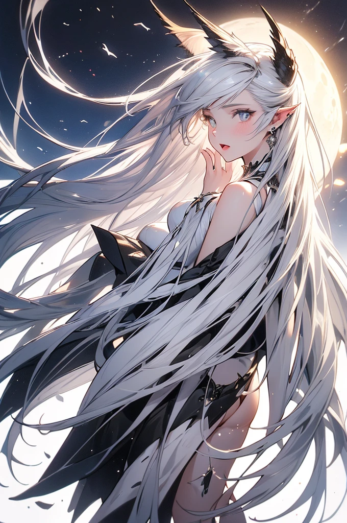 ((masterpiece, Highest quality)),Ultra-high resolution, (realism: 1.4),Best illustrations,Line art,Very condensed adult female,Delicate and beautiful features,Slit eyes,Sharp face,Very detailed white coat,Silver Hair,Wolf ears,Big tail,Fantasy,Roaring against the backdrop of the full moon and wilderness,Roaring Woman,Double teeth,wide aperture,Unreal 5,Scattered beneath the surface,Anatomically correct,Low angle full body shot