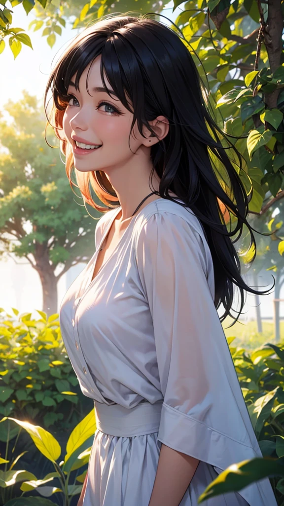 A beautiful black-haired woman laughing in the morning sun