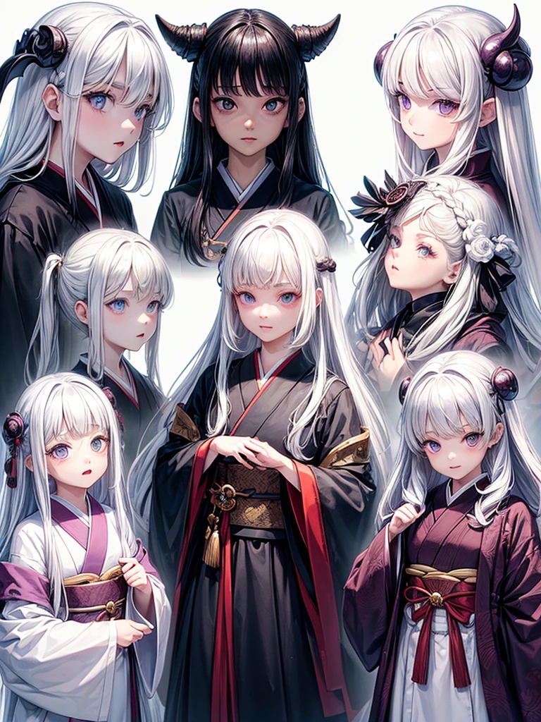 ((masterpiece)), (((best quality))), (character design sheet, same character, 3 views, front, side, back), Illustration, 1 boy, teenager, long hair, white hair color, bangs, hairstyle fax, albino, purple eyes, beautiful blind eyes, cute face, environment change, flute, hairstyle fax, pose kotai, feminine boy, kimono, demon slayer uniform, snow, (simple background, white background: 1.3) 