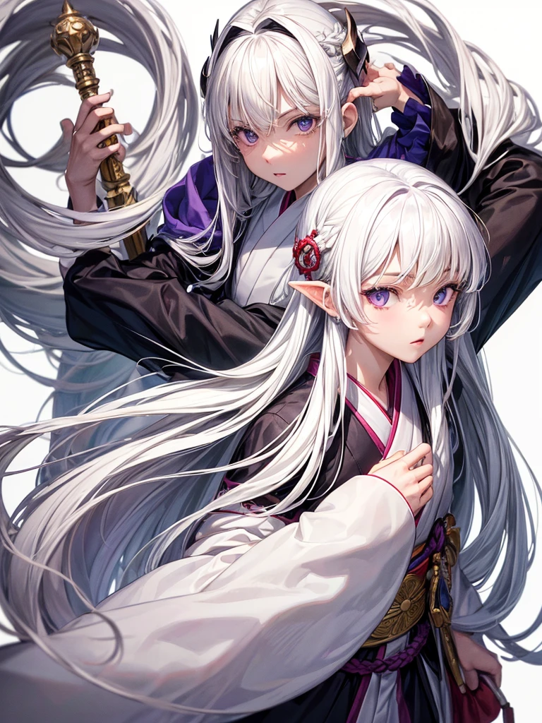 ((masterpiece)), (((best quality))), (character design sheet, same character, 3 views, front, side, back), Illustration, 1 boy, ager, long hair, white hair color, bangs, hairstyle fax, albino, purple eyes, beautiful blind eyes, cute face, environment change, flute, hairstyle fax, pose kotai, feminine boy, kimono, demon slayer uniform, snow, (simple background, white background: 1.3)