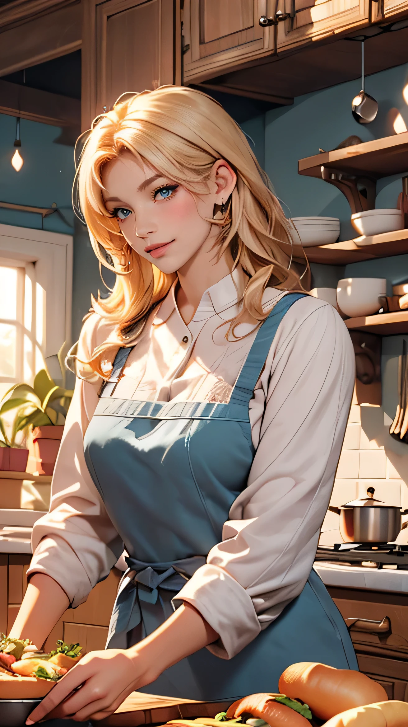 Delicate and beautiful CG art),(highest quality, Very detailed, High resolution),(Dynamic Angle, Dynamic Lighting),(One character),(Long pink and blonde hair), blue eyes, Beautiful Face), 1 girl, (Long sideburns, plant, smile, long blue dress, kitchen, cooking, food