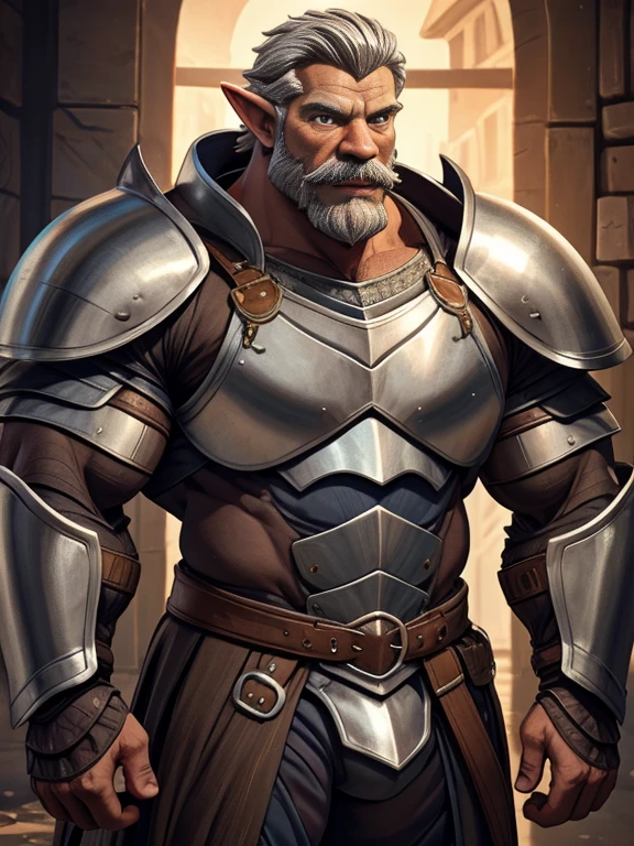 burly virile hairy elf, in a suit of armor, a himbo muscle daddy, middle-aged dilf, hirsute, overmuscular and musclebound, bulging veiny muscles, a warrior's build, a bodybuilder's physique, long bushy and a thick mustache, a square jaw, handsome and dreamy, grey hair, a knight clad in full armor