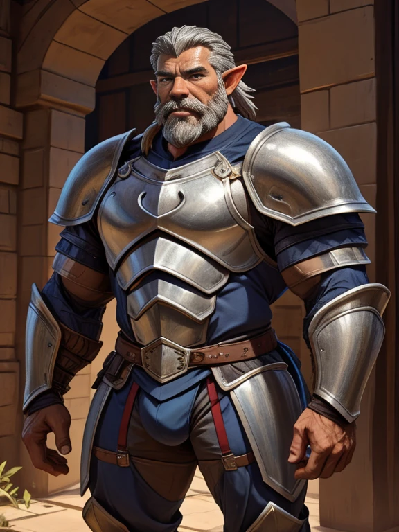 burly virile hairy elf, in a suit of armor, a himbo muscle daddy, middle-aged dilf, hirsute, overmuscular and musclebound, bulging veiny muscles, a warrior's build, a bodybuilder's physique, long bushy and a thick mustache, a square jaw, handsome and dreamy, grey hair, a knight clad in full armor