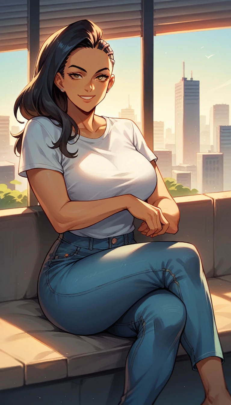 laura matsuda, mature, brown skin, white t-shirt, jeans, sit, crossed legs, smile, morning, city, strong
