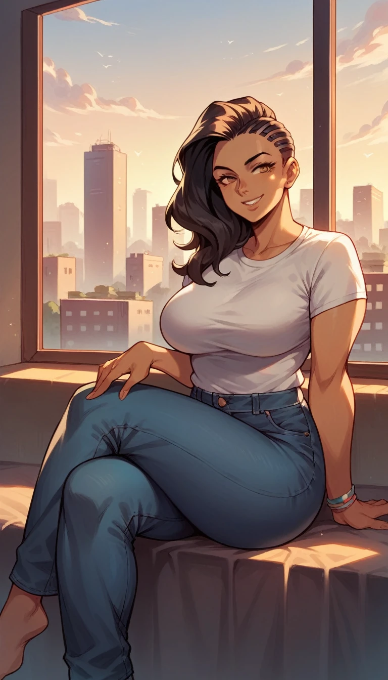 laura matsuda, mature, brown skin, white t-shirt, jeans, sit, crossed legs, smile, morning, city, strong
