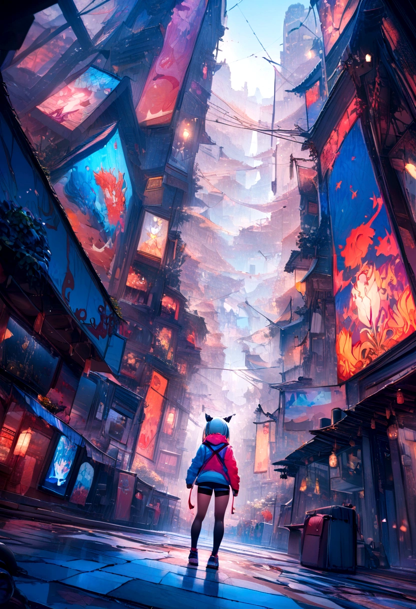 1girl, standing, from below, smile, asymmetrical hair, hair extensions, metallic pants, gloves, glowing eyes, scenery, melancholic, depression, ferris wheel, decay towers, falling petals, outdoors, (traditional media, abstract, blurry:1.3), best quality, vivid coloring, masterpiece <lora:MadeJourney_v1:1.5>