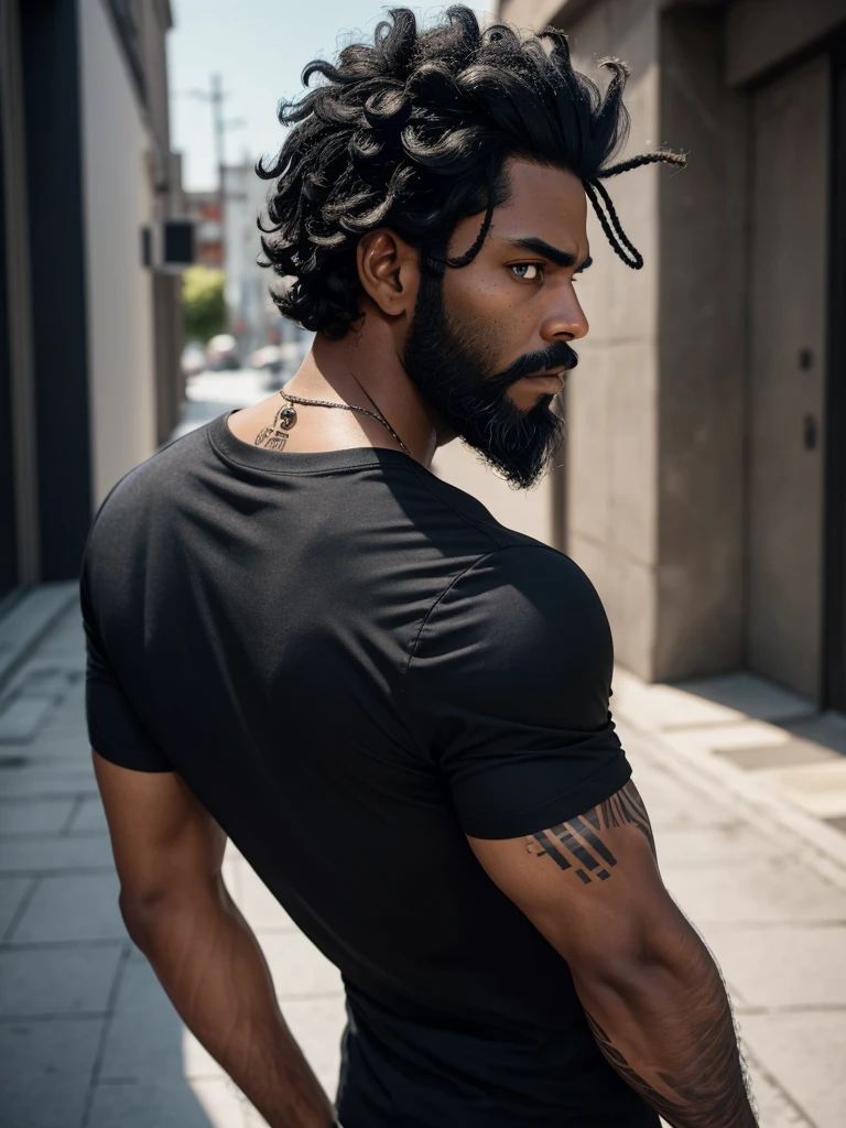 man about 35, dark skin, Blackbeard, black hair neatly styled back, scar on his left eye, sapphire eyes, black tight t-shirt