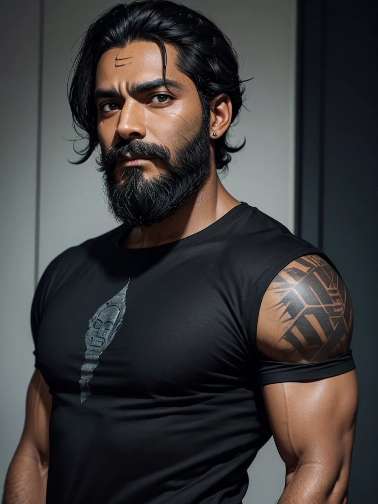 man about 35, dark skin, Blackbeard, black hair neatly styled back, scar on his left eye, sapphire eyes, black tight t-shirt
