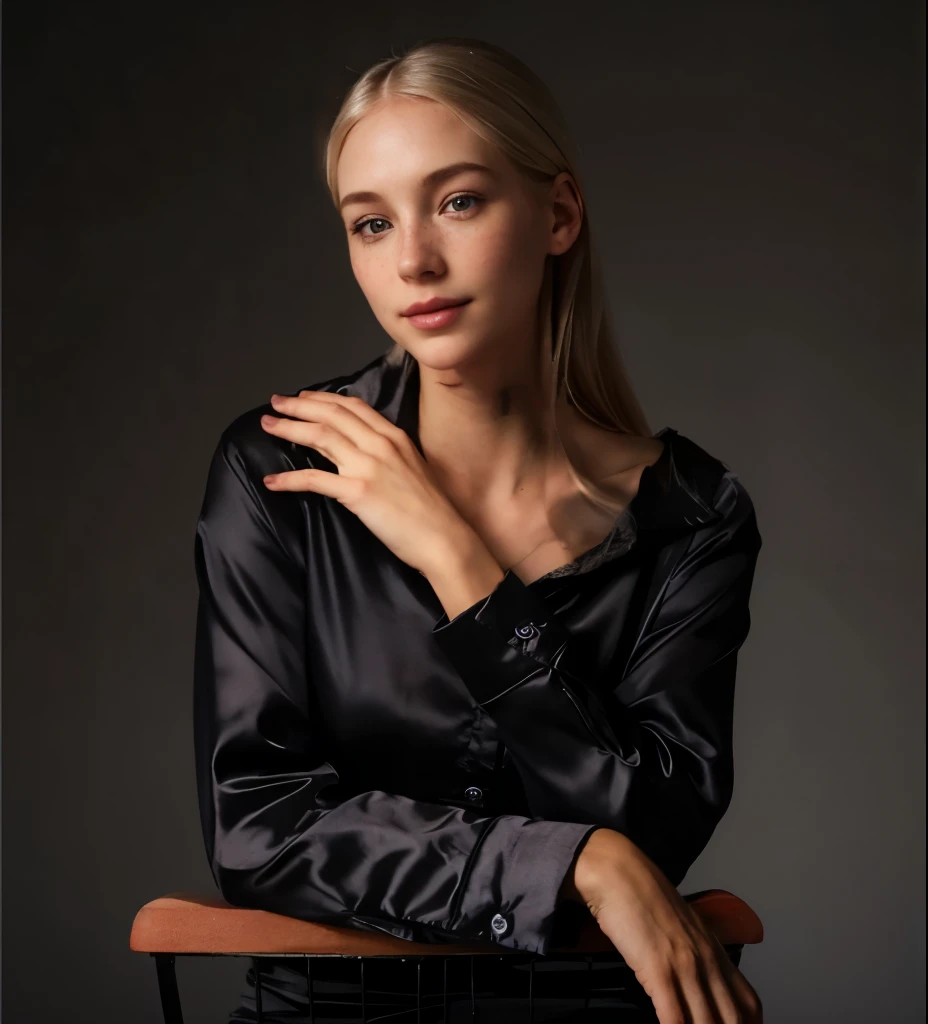 a one woman, americana, age 25, pale skin and freckles, grey-eyed, delicate nose, soft and delicate lips, distant, cabelo blondie distant e ondulado na altura da cintura, Sweet smile, face with delicate feminine facial features, highly rendering