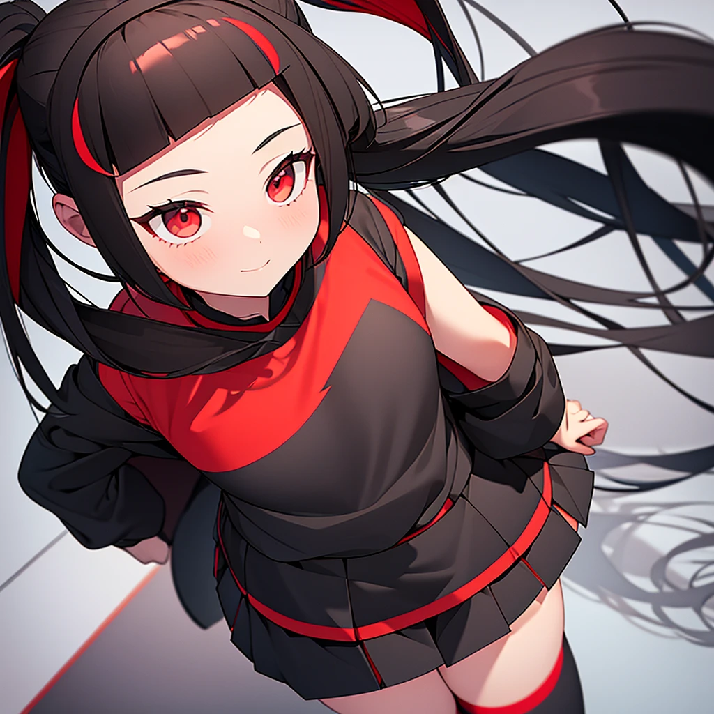 Girl in a skirt, black and red hair, Twin Tail, camera front and bottom view, 3D 4k wallpaper.