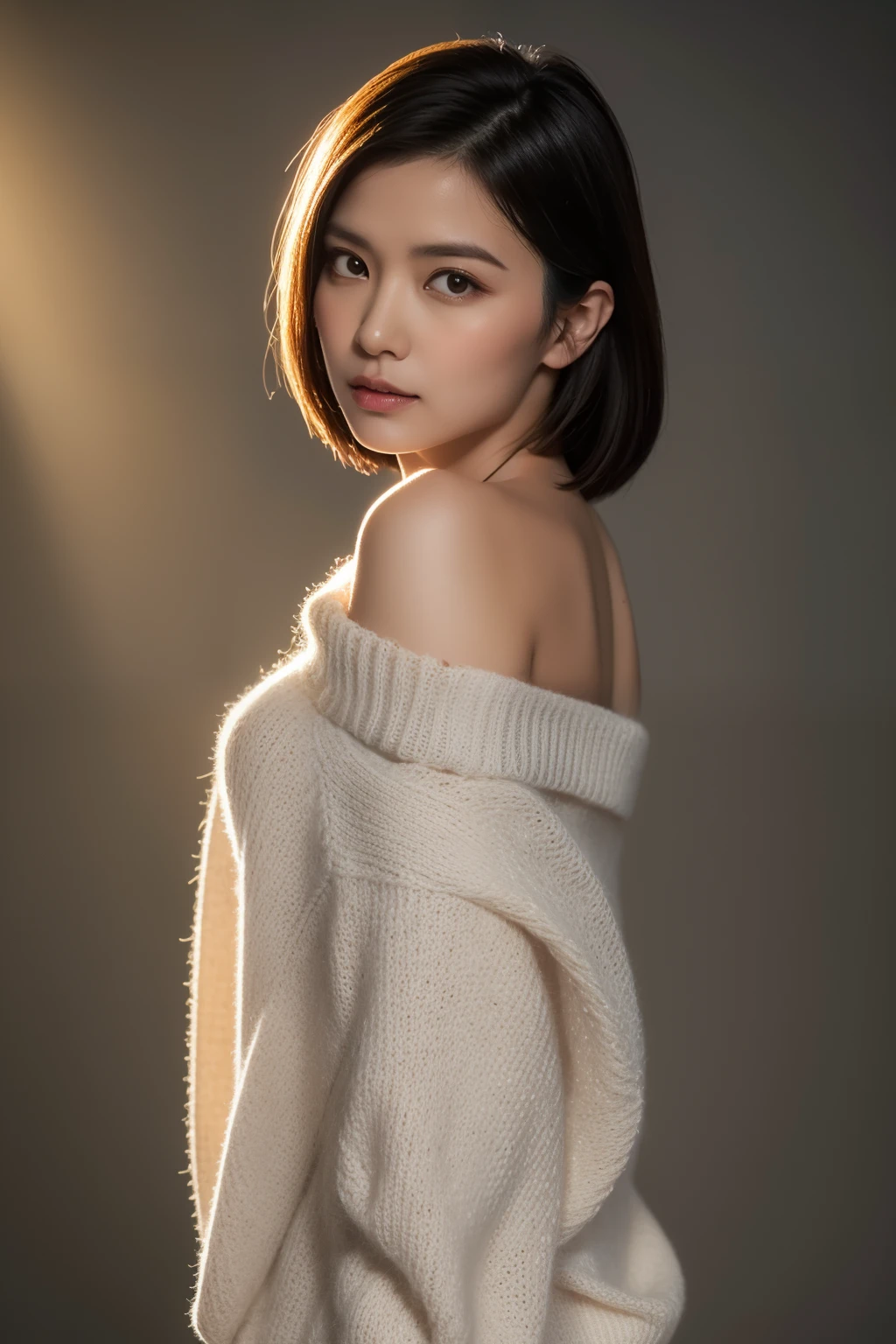 asian lady, She is wearing a soft white sweater relaxed neckline that casually ((drapes off one shoulder)), exposing slender shoulders with black bra trap, highlighted by the rays of light creating a radiant effect on her skin. , mid-shot , light rays, warm atmosphere , light through hair, ((mid-shot, full body, slender waist)), Hair Up Do、 Glowing eyes, nose blush, Carl Larsson, Alfonse Mucha, Chiaroscuro, Film Glenn, reflective light, (((long-Shot))), knee to top,longshot show (((full body))), masterpiece, high details, ((gray background, studio light ))