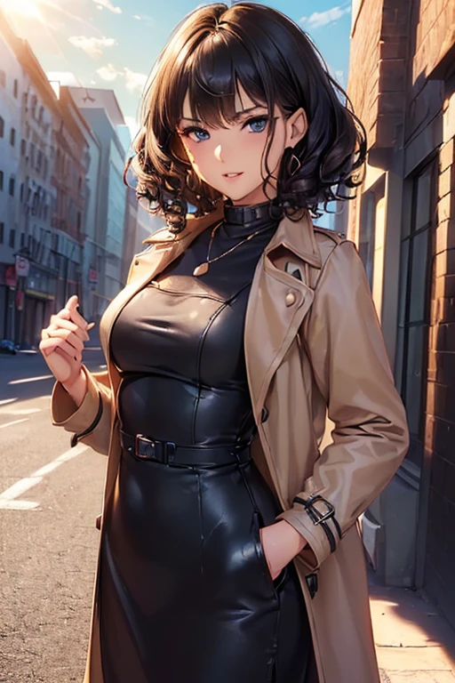 #Basics A girl is posing for a photo, animeのかわいい女の子, (((One Girl, , Young girs old))),
Bhing Accessories
(((Black midi dress + red long trench coat + leather ankle boots), Silver necklace decorated with blue gemstones, Gold Earrings)),
BREAK
#Features
((Black Hair:1.4 (Curly hair), (Short Hair : Curly hair + Neat and short hair)),
(Droopy eyes,blue eyes), (Small breasts),
BREAK
#background environment
((noon, Sunshine + An office district lined with modern buildings)),
#Facial Expression Pose
(smug face, Relaxed standing position),
#composition
((Face the camera, Cowboy Shot:1.4)),
BREAK
#Body parts elements
(Symmetrical facial features, Beautiful face with attention to detail),
(Detailed hair, Beautiful Hair, Shiny Hair),
(double eyelid, Long eyelashes),
(Expression of fine eyes, Beautiful and delicate eyes, Sparkling eyes, Eye Reflexes),
(Human Ear),
(Beautiful Nose, Thin Nose),
(Glossy lips, Beautiful Lips, Thick lips),
(Detailed skin, Textured skin, Beautiful Skin),
BREAK
#Quality
(((Highest quality)), ((masterpiece)), ((Very detailed))), ((High resolution), (16K,1080P)),
(Realistic), (Anatomically correct),
((comics, anime)), (3DCG), CG illustration,