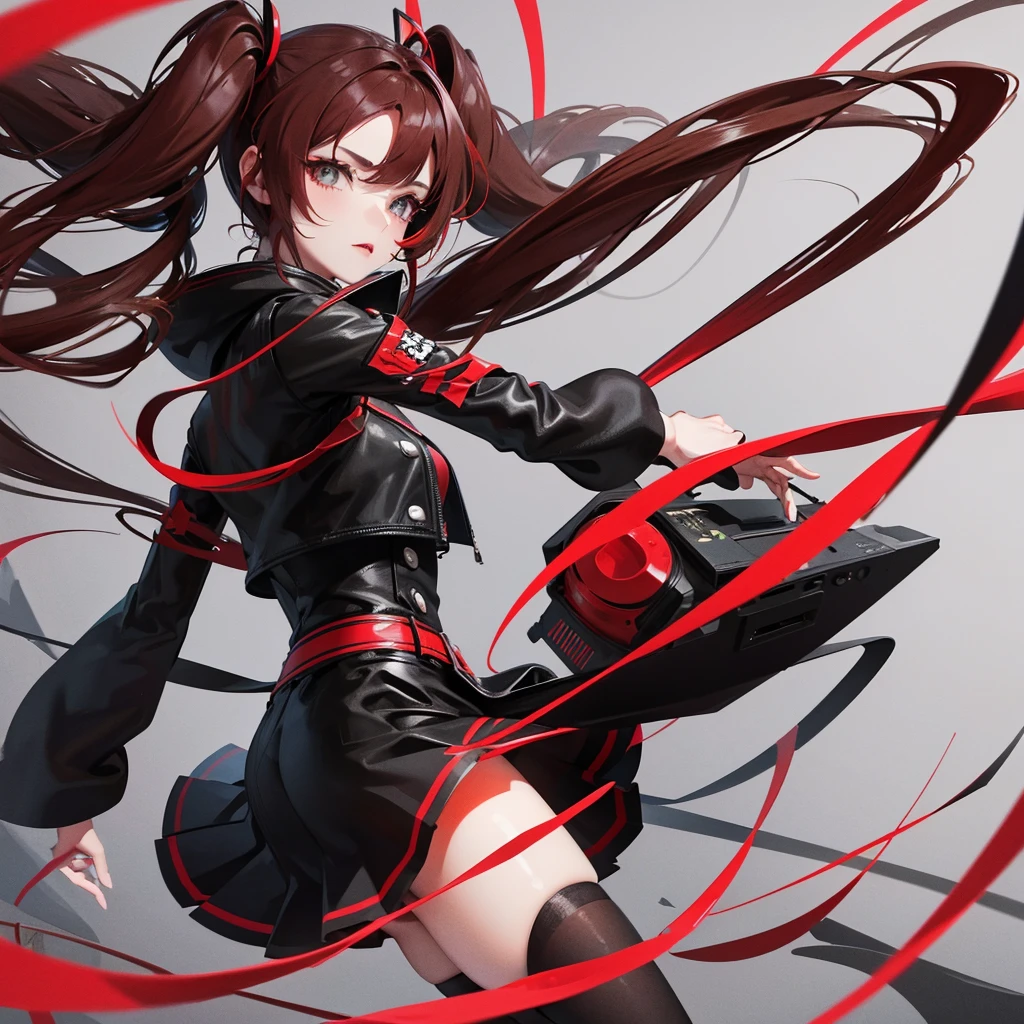 Girl in a skirt, black and red hair, Twin Tail, camera front and bottom view, 3D 4k wallpaper.