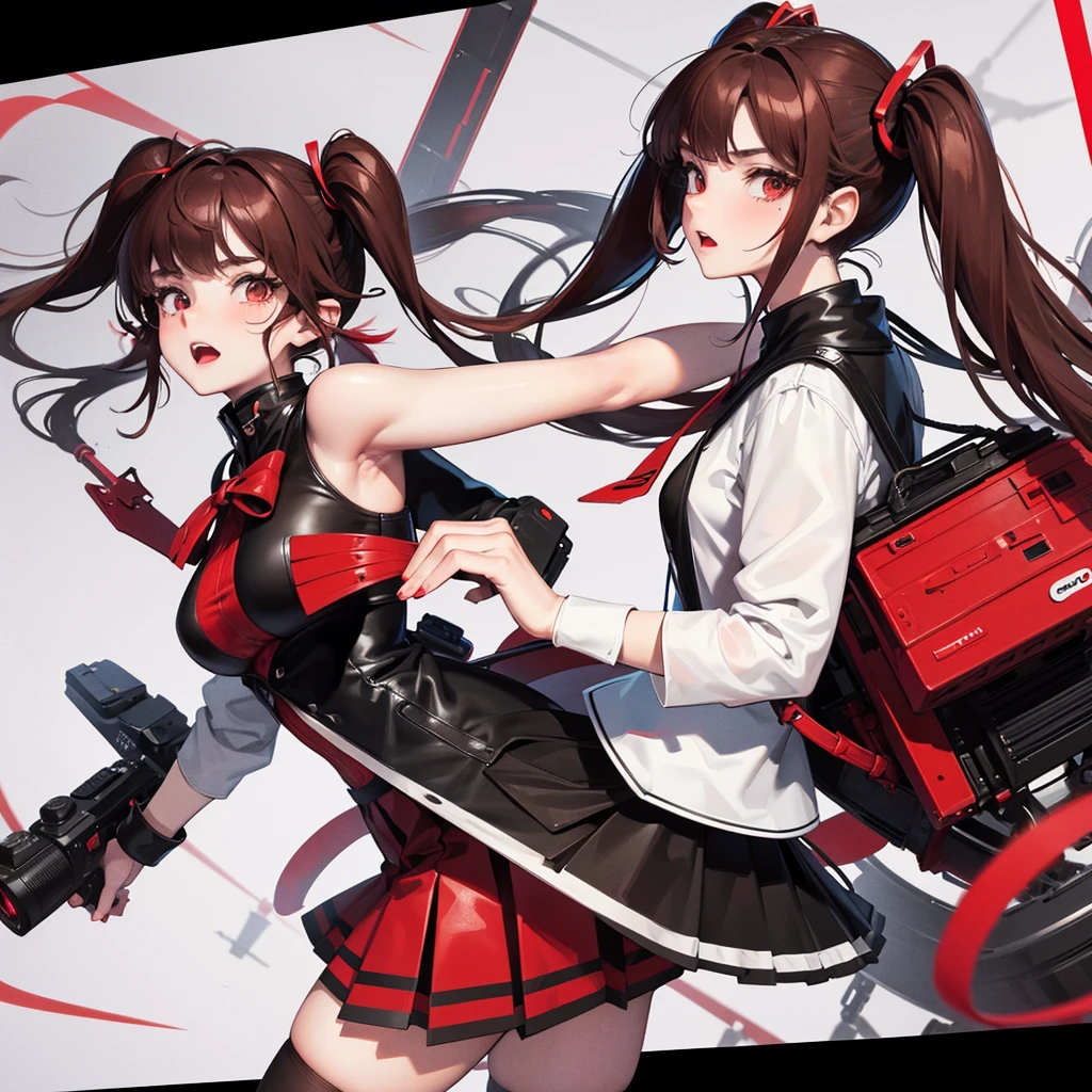 Girl in a skirt, black and red hair, Twin Tail, camera front and bottom view, 3D 4k wallpaper.