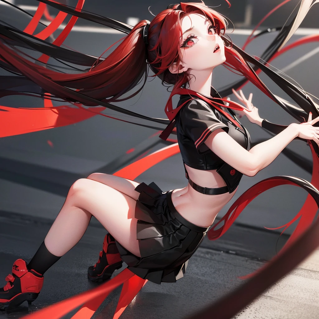 Girl in a skirt, black and red hair, Twin Tail, camera front and bottom view, 3D 4k wallpaper.