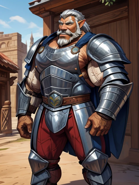 burly virile hairy elf, in a suit of armor, a himbo muscle daddy, middle-aged , hirsute, overmuscular and musclebound, bulging veiny muscles, a warrior's build, a bodybuilder's physique, long bushy and a thick mustache, a square jaw, handsome and dreamy, grey hair, a knight clad in full armor