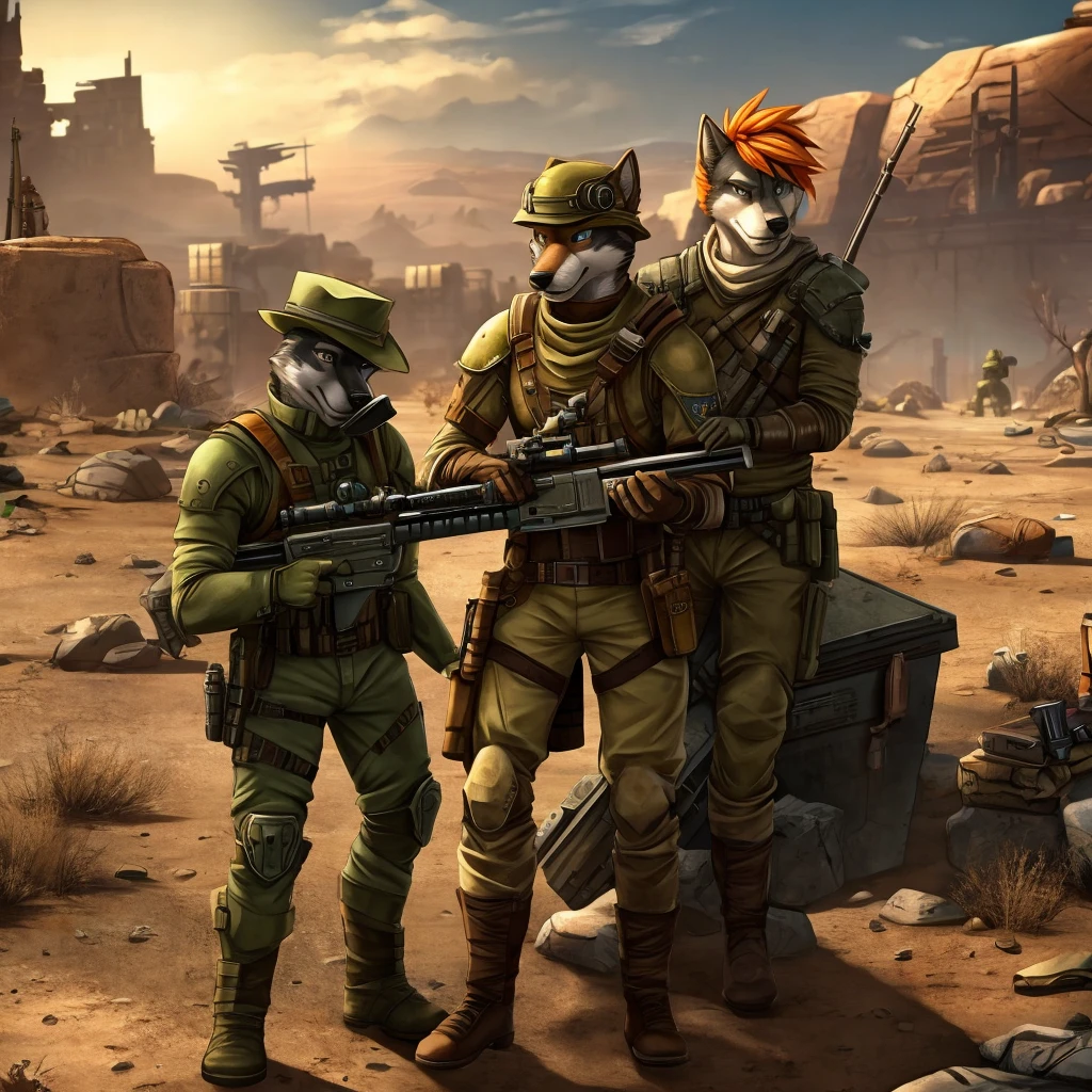 Gray husky with orange hair, fallout, NCR ranger, sniper rifle on back, pipboy, New Vegas