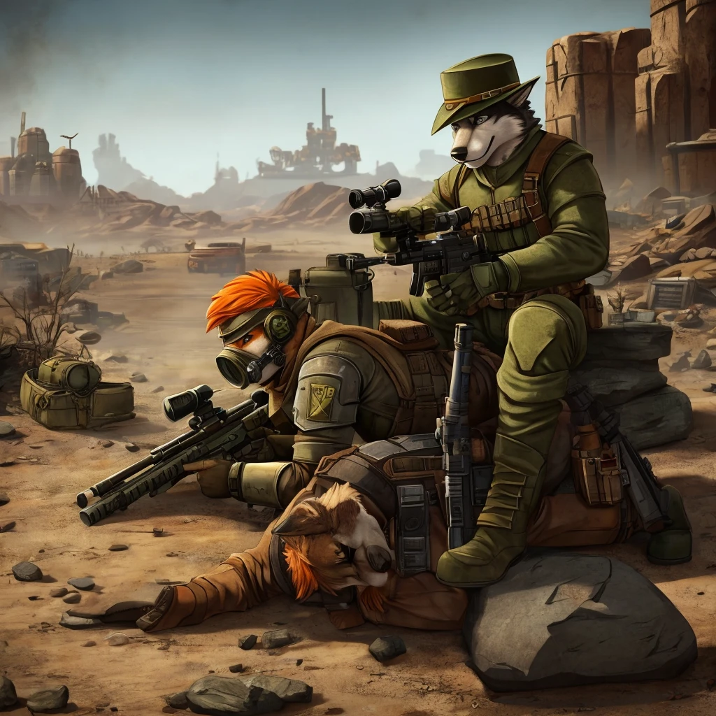 Gray husky with orange hair, fallout, NCR ranger, sniper rifle on back, pipboy, New Vegas 