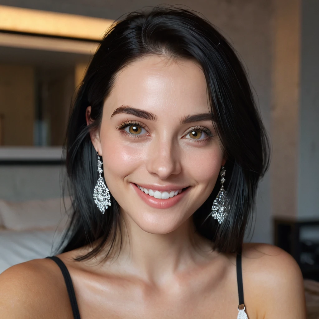 (masterpiece), best quality, Phone photo selfie, attractive young woman with black hair and brown eyes, small silver earrings, flirty look, posted on snapchat, smiling, boring PHY 2743 at night at home. Her expression is happy and smiling and she looks out of the frame with a gentle intensity. She has long, straight light black hair, light pale skin. The overall atmosphere is intimate, emphasizing the intricate interplay of light and dark on her face. HDR(HighDynamicRange),Ray tracing,NVIDIA RTX,Hyper-Resolution,Unreal 5,sub-surface Scattering,PBR Texturing,Postprocess,Anisotropy Filtering,depth of fields,Maximum clarity and sharpness,multi-layer texture,Albedo and specular maps,Surface Shading