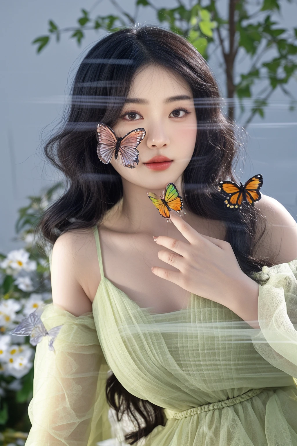 there is a woman with a butterfly on her nose and a butterfly on her nose, harmony of butterfly, korean artist, butterflies in the foreground, inspired by Jung Park, jingna zhang, with beautiful wings, wenfei ye, taejune kim, jiyun chae, inspired by Gao Qipei, kim hyun joo, double exposure portrait, wu liu, xue han