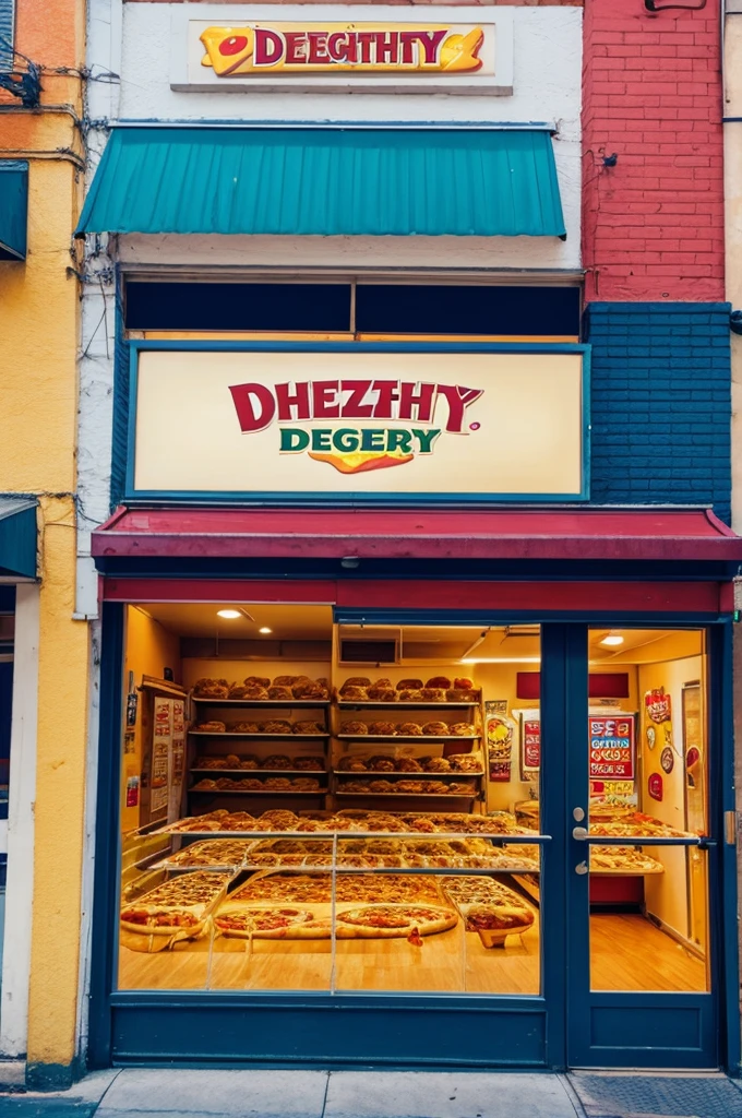 Generate an image of pizza store named "cheesy delight"