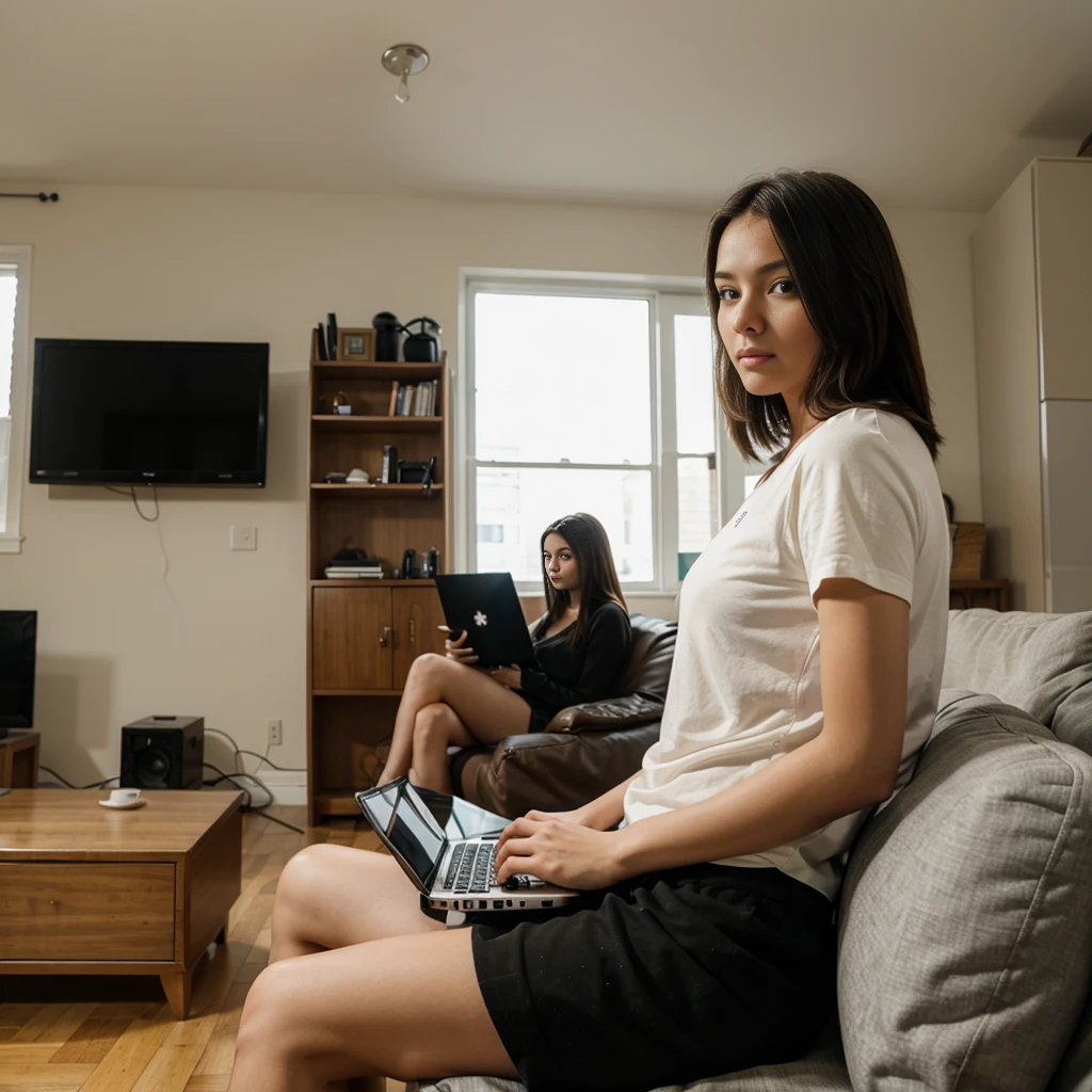 Man sitting looking to computer laptop with one girl behind the man, living room,