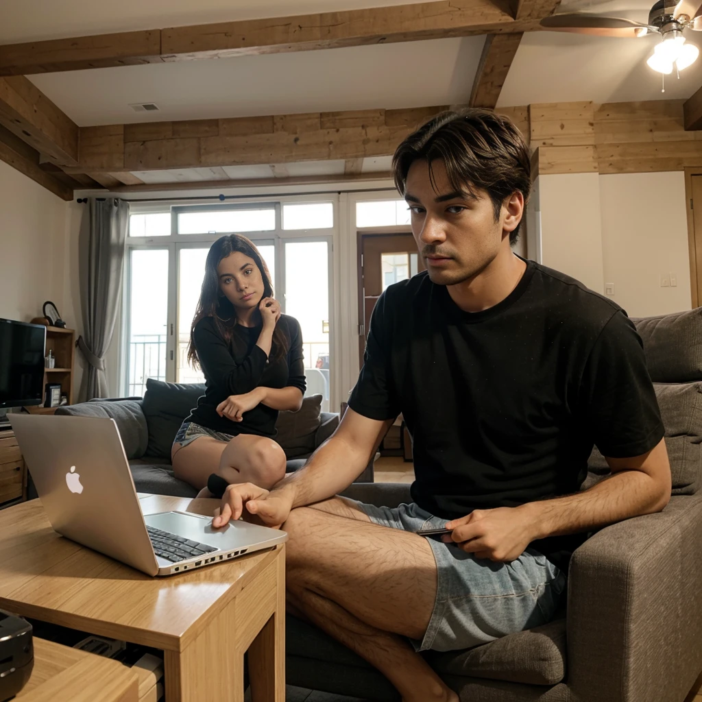 Man sitting looking to computer laptop with one girl behind the man, living room,