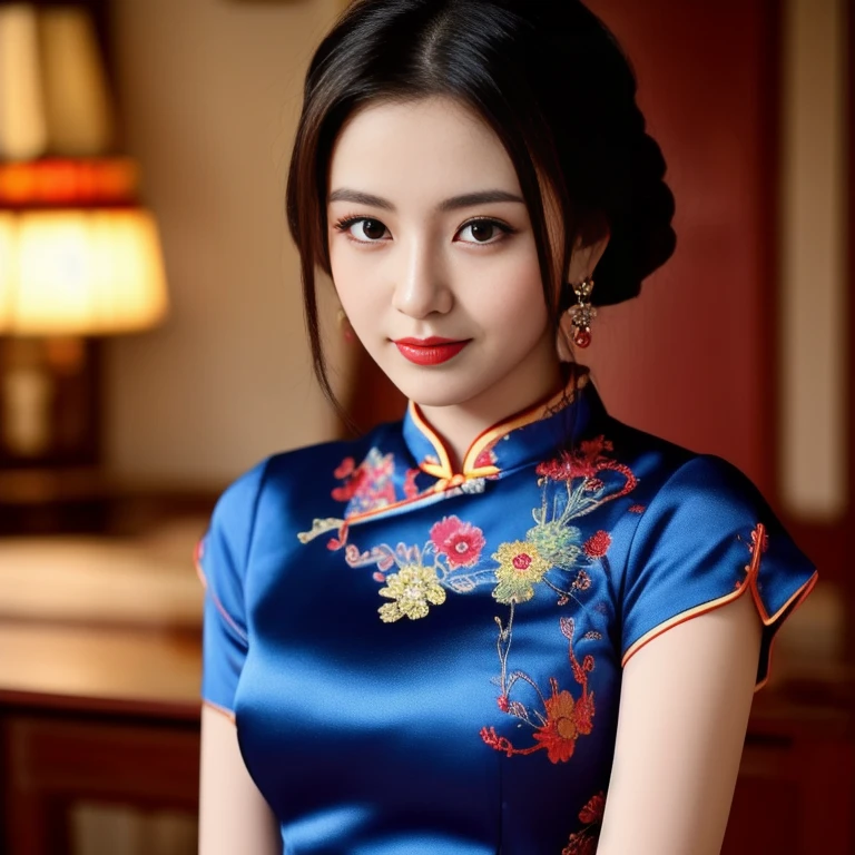 Asian woman Arav in red dress poses for photo, wearing a red Cheongsam, Cheongsam, Chinese dress, Chinese style, traditional chinese, Chinese woman, with ancient Chinese clothing, expensive silk, traditional chinese clothing, Chinese girl, Chinese dress, Gorgeous Chinese model, beautiful oriental woman, Chinese princess, สวมชุดCheongsamสีน้ำเงิน, Wearing a bright red dress 8k, 3-D, 45,000,000,000 pixels, Too realistic,