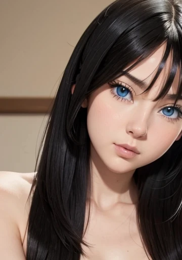 A perfect asymmetrical and detailed face, blue eyes ,black hair, beautiful full body portrait 1.2 esbelta Grandes guide , nudes ,twintails upper 