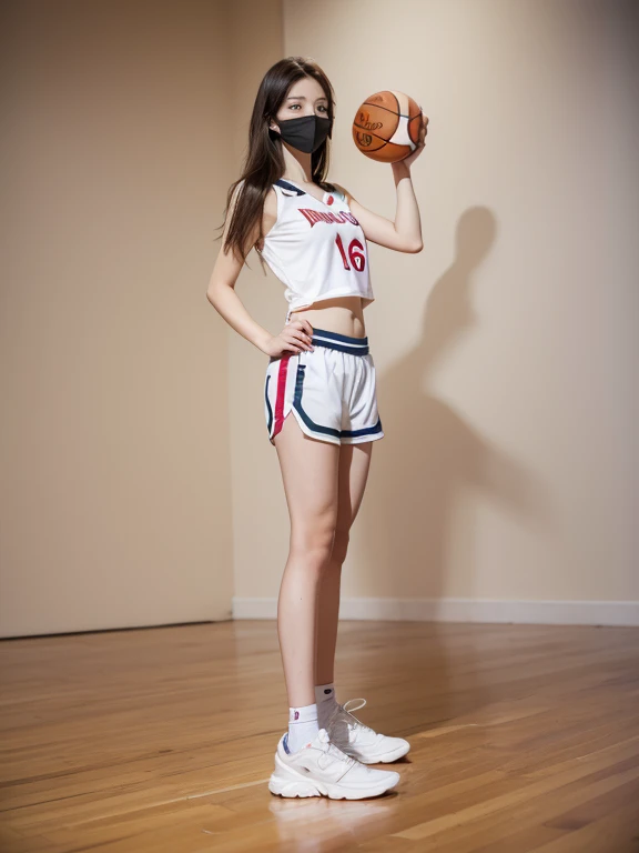 absurdres, RAW photo, extremely delicate and beautiful, masterpiece, Best Quality, ultra high resolution, 16k, hyperrealistic, ultra-detailed, perfect anatomy, Facing the front, super Detailed skin, perfect figure, Very detailed CG 8k wallpaper, in her 20s, very Slim body, narrow waist, very small head, very small face, delicate facial features, tearful mole, mole on chest, earring, thin legs, (very huge round breasts), midriff, (Cowboy Shot), (direct gaze:1.4), (3/4 body in frame shot:1.4), (focus on thighs:1.4), 1girl in, Facing the front, akiryo-mai, shiranui mai, parted bangs, mature female, high ponytail, shiny skin, ((basketball uniform, red basketball uniform:1.3_MUST)), ((wearing mouth mask, mouth mask fit his face, red mouth mask:1.3_MUST)), bacgkround at afternoon Basketball Courts,