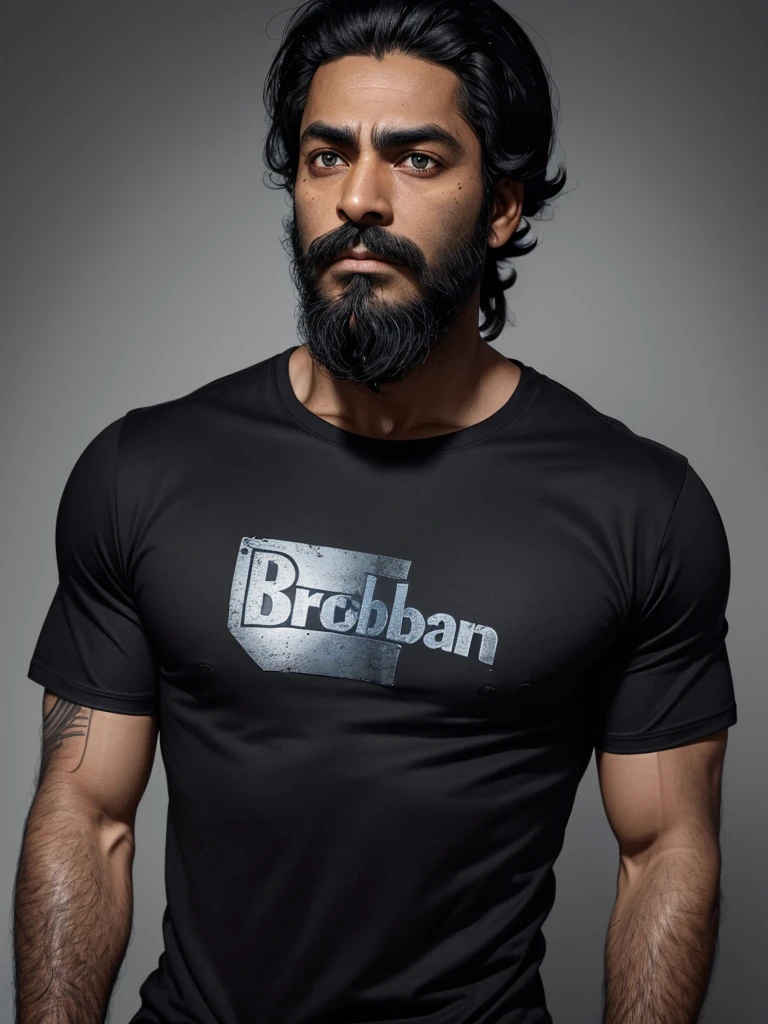man about 35, dark skin, Blackbeard, black hair neatly styled back, scar on his left eye, sapphire eyes, black T-shirt, tight t-shirt