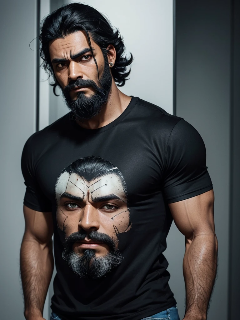 man about 35, dark skin, Blackbeard, black hair neatly styled back, scar on his left eye, sapphire eyes, black T-shirt, tight t-shirt