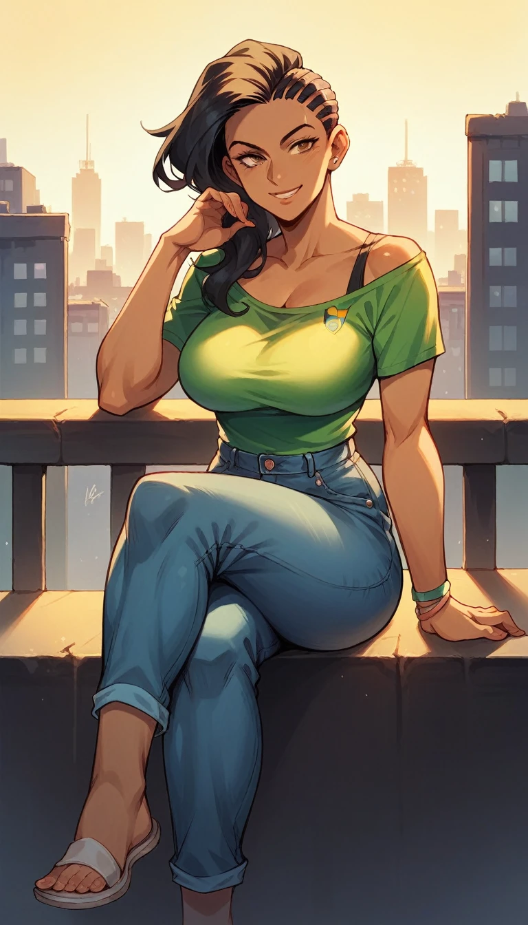 laura matsuda, mature, brown skin, brazil colors cropped jeans, sit, crossed legs, smile, morning, city, strong