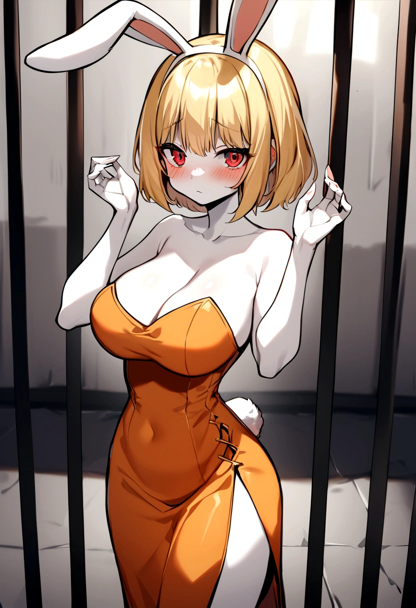 Natural Volumetric Lighting And Best Shadows, Deep Depth Of Field, Sharp Focus,1girl, white_skin CarrotOP_NDV, 1girl, blonde hair, large breasts, (rabbit face), short hair, red eyes, orange dress, rabbit ears, rabbit girl, white rabbit ears, white skin, furry, blushed, shy, looking_at_viewer, detailed eyes, side slit dress, orange dress, tight dress, shy pose,jail background, cell background,