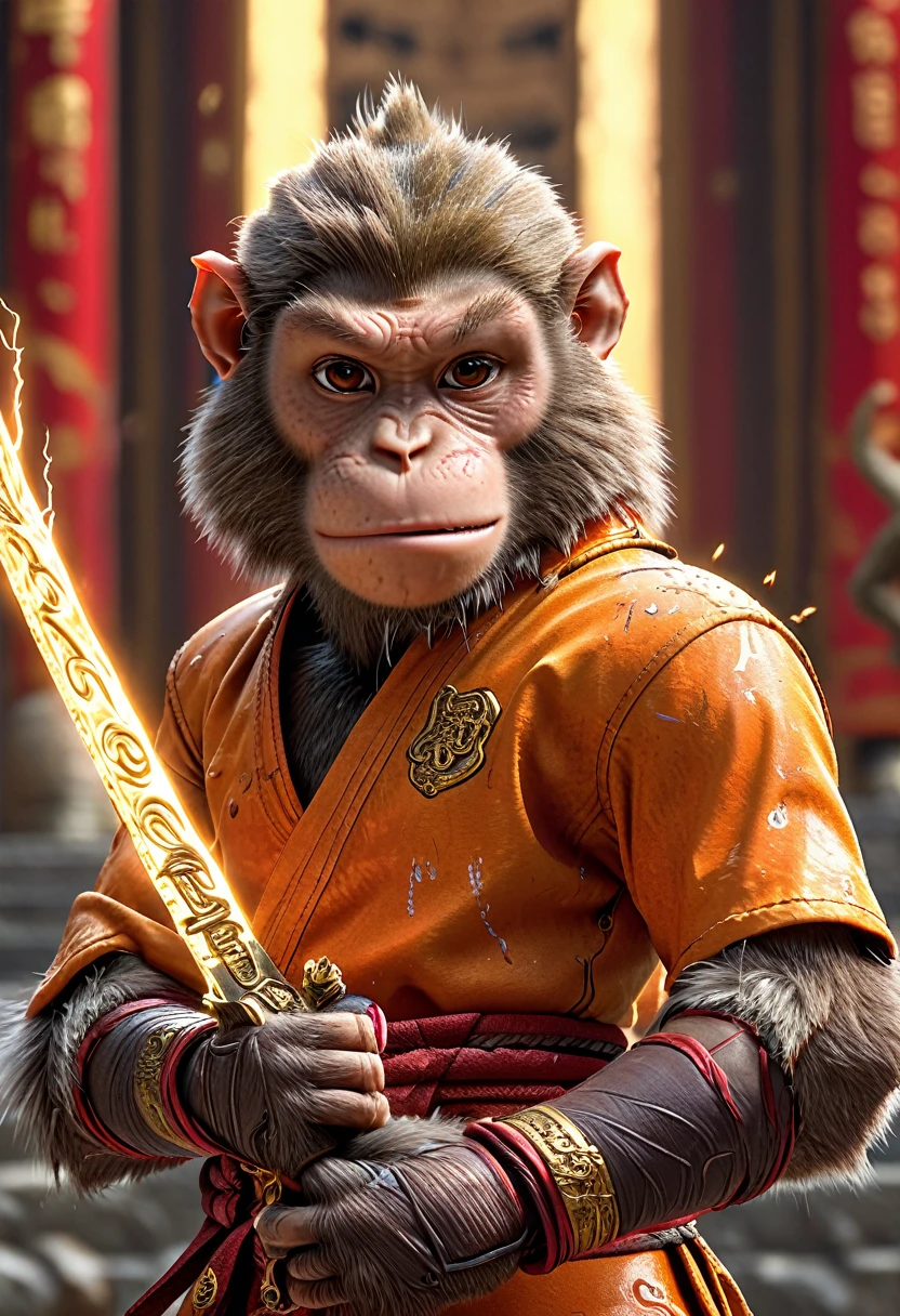 Close-up shot of a monkey, Monkey Martial Artist,whole body, Equipped with lightning-charged claws, Wearing martial arts uniform, Chinese Shaolin Temple Background, High resolution, masterpiece, Highest quality, Super detailed, Super detailed, Ultra-realistic,
 Hong Kong Style, 3D Fluffy, Cute and adorable close-ups, Cute big round reflective eyes, Long fuzzy fur, Pixar Rendering, unreal engine Cinematic smooth, Exquisite detail, Cinematic