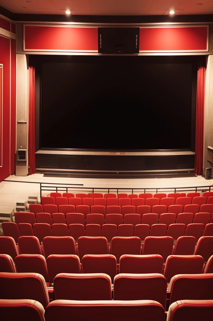 Empty cinema,popcorn in red and white pot,up on stage,and screen written cinema