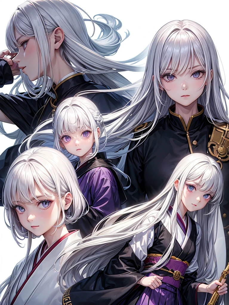 ((masterpiece)), (((best quality))), (character design sheet, same character, 3 views, front, side, back), Illustration, 1 boy, teenager, long hair, white hair color, bangs, hairstyle fax, albino, purple eyes, beautiful blind eyes, cute face, environment change, flute, hairstyle fax, pose kotai, feminine boy, kimono, demon slayer uniform, snow, (simple background, white background: 1.3) 