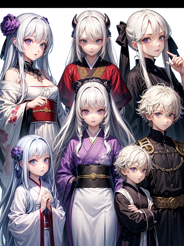 ((masterpiece)), (((best quality))), (character design sheet, same character, 3 views, front, side, back), Illustration, 1 boy, teenager, long hair, white hair color, bangs, hairstyle fax, albino, purple eyes, beautiful blind eyes, cute face, environment change, flute, hairstyle fax, pose kotai, feminine boy, kimono, demon slayer uniform, snow, (simple background, white background: 1.3)