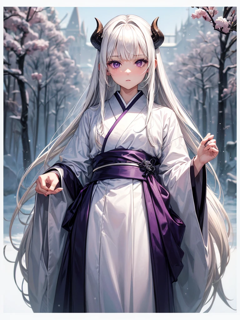 ((masterpiece)), (((best quality))), (character design sheet, same character, 3 views, front, side, back), Illustration, 1 boy, teenager, long hair, white hair color, bangs, hairstyle fax, albino, purple eyes, beautiful blind eyes, cute face, environment change, flute, hairstyle fax, pose kotai, feminine boy, kimono, demon slayer uniform, snow, (simple background, white background: 1.3) 