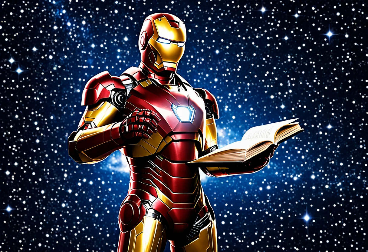 Make Iron Man holding a notebook against a background as if he were in starry space. An image that demonstrates seriousness and power in freelance work