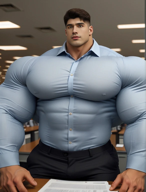 1 men, giant, bodybuilder pose, illuminating light, strong body, bulk, large size, staring, in the office room, white collar shirt & chino pants, prominent bulge, big, brutalmass, giant, muscular body, bulk, buff, massive body, large meaty body size,