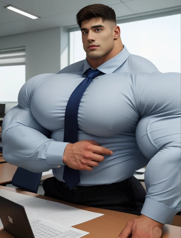1 men, giant, bodybuilder pose, illuminating light, strong body, bulk, large size, staring, in the office room, white collar shirt & chino pants, prominent bulge, big, brutalmass, giant, muscular body, bulk, buff, massive body, large meaty body size,