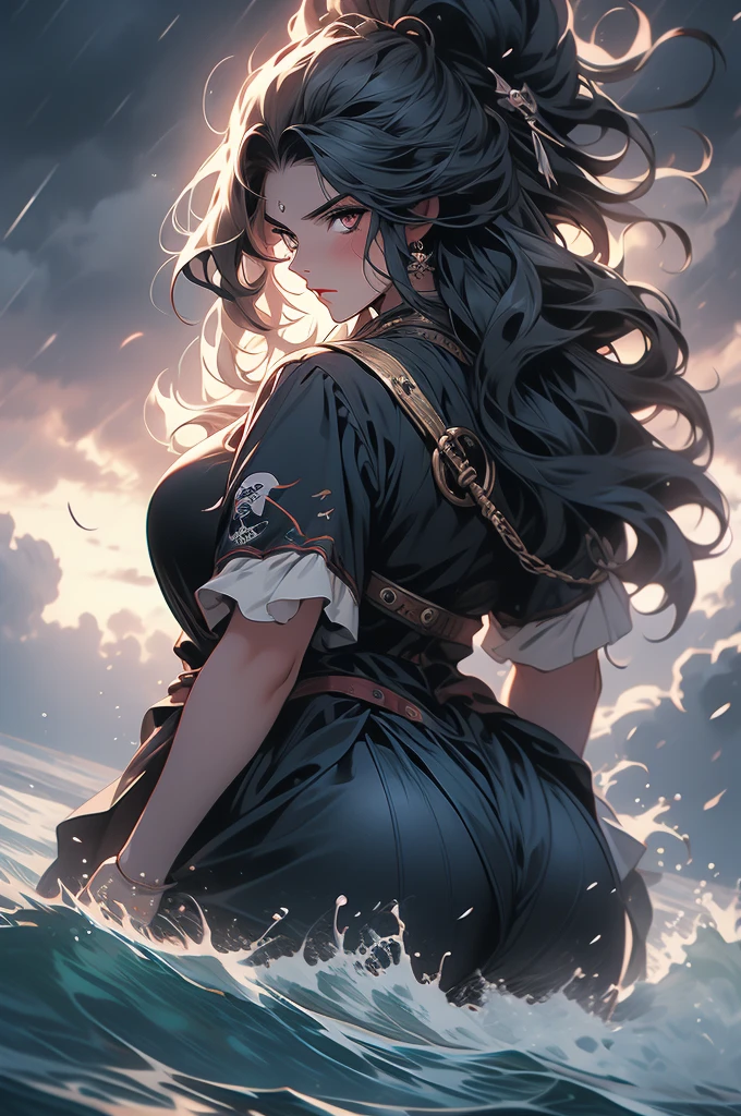 pirate girl, back hair, glowing eyes, at sea, storm, dark clouds, voluptuous, plump