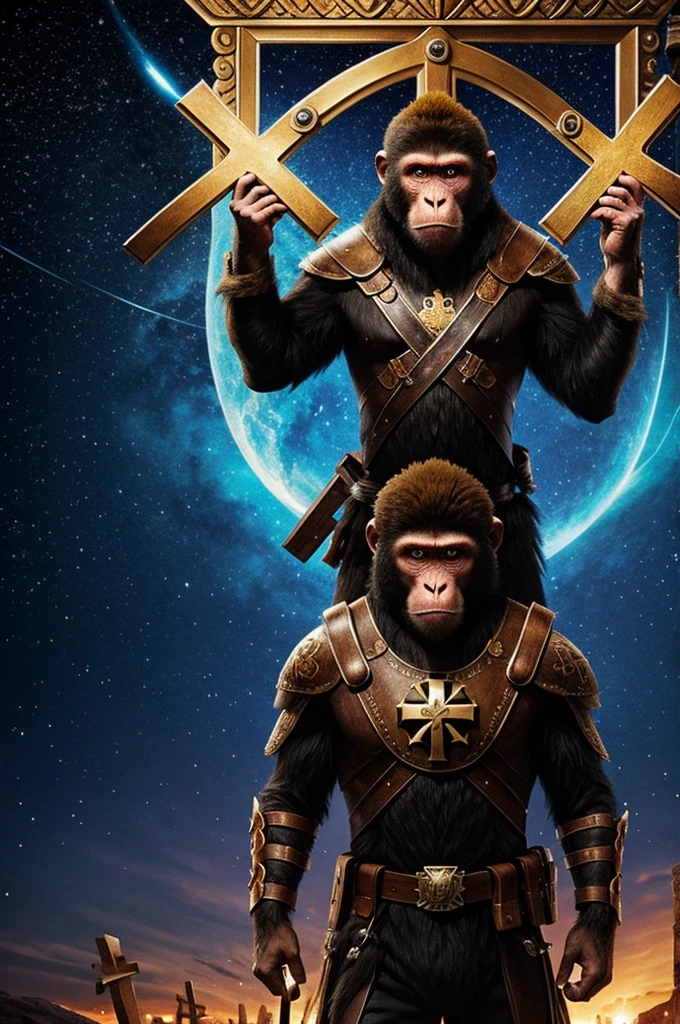 A shield with some crosses, some stars and a furious monkey 