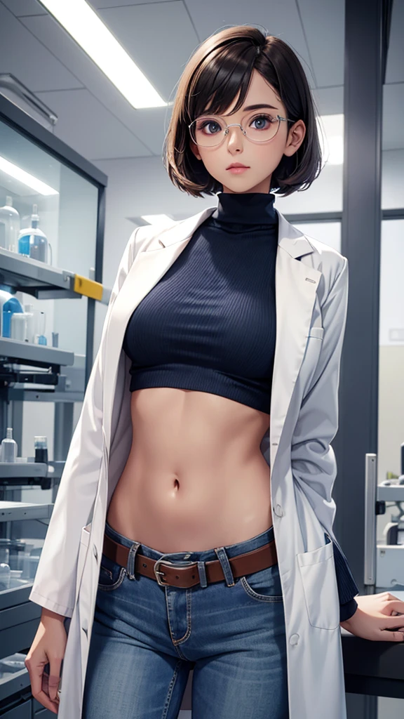 Girl in Laboratory, Turtle-neck, lab coat, showing navel, belt, Exposing the abdomen below the navel, well-dressed, glasses, blue jean, laboratory
