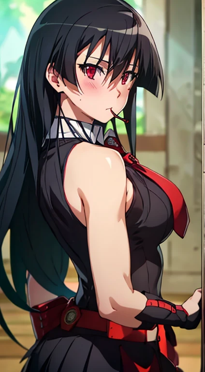 ((Masterpiece, best quality, high resolution, uhd, Pixel perfect, depth of field, 4k, RTX, HDR)), 1 girl, Single, alone, beautiful anime girl, beautiful art style, cartoon character, akame, style akame ga kill!, black collared shirt, red necktie, sleeveless, skirt ((long hair, bangs, shiny black hair,)), (red eyes:1.4, round eyes, Beautiful eyelashes, realistic eyes), (detailed face, blush: 1.2), (Smooth texture: 0.75, realistic texture: 0.65, Photorealistic: 1.1, anime cg style), big breasts, (dynamic pose, profile, pulling, close up, looking at viewer), perfect body, round butt, black panties, black choker, ((black miniskirt:1.5)), Mouth open, holding a katana, lying on the floor