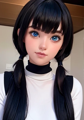 A perfect asymmetrical and detailed face, blue eyes ,black hair, beautiful full body portrait 1.2 esbelta Grandes guide , nudes ,twintails upper, full-body-shot