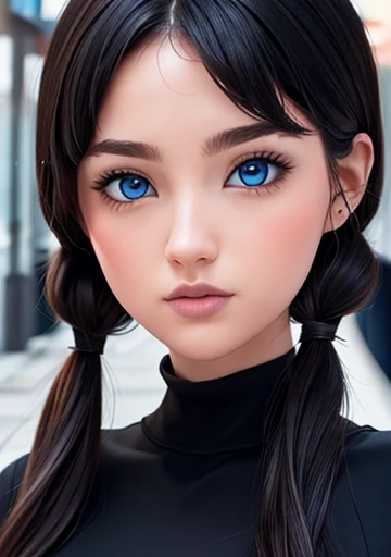 A perfect asymmetrical and detailed face, blue eyes ,black hair, beautiful full body portrait 1.2 esbelta Grandes guide , nudes ,twintails upper, full-body-shot
