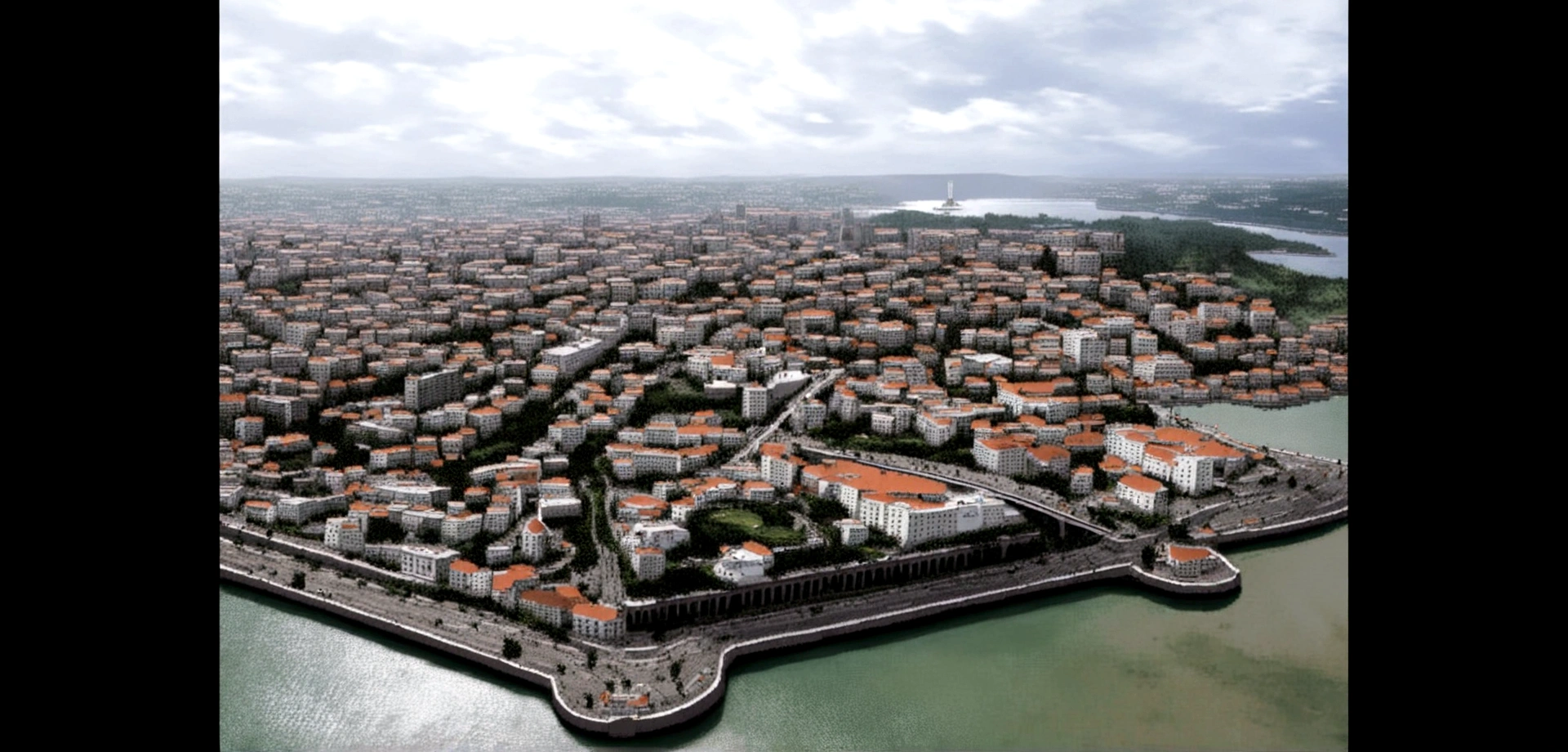 Air view of a city with a river and a bridge, 8bits, pixel art, drone view of a city, Air view of a city, Air vie, white buildings with red roofs, surrounding the city, Air, photograph de cima, Historical setting, malika favre, island, country, game, aventure, mysteries