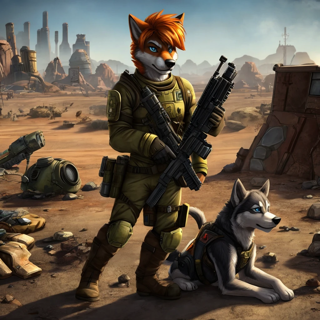 Gray husky with orange hair, fallout, laser rifle on back, pipboy, New Vegas 